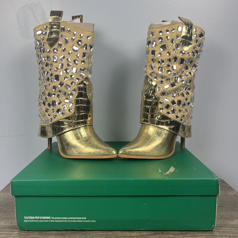 Lauren Lorraine Hana Metallic Gold Embellished Stiletto Heel Cowboy Boots Size 7